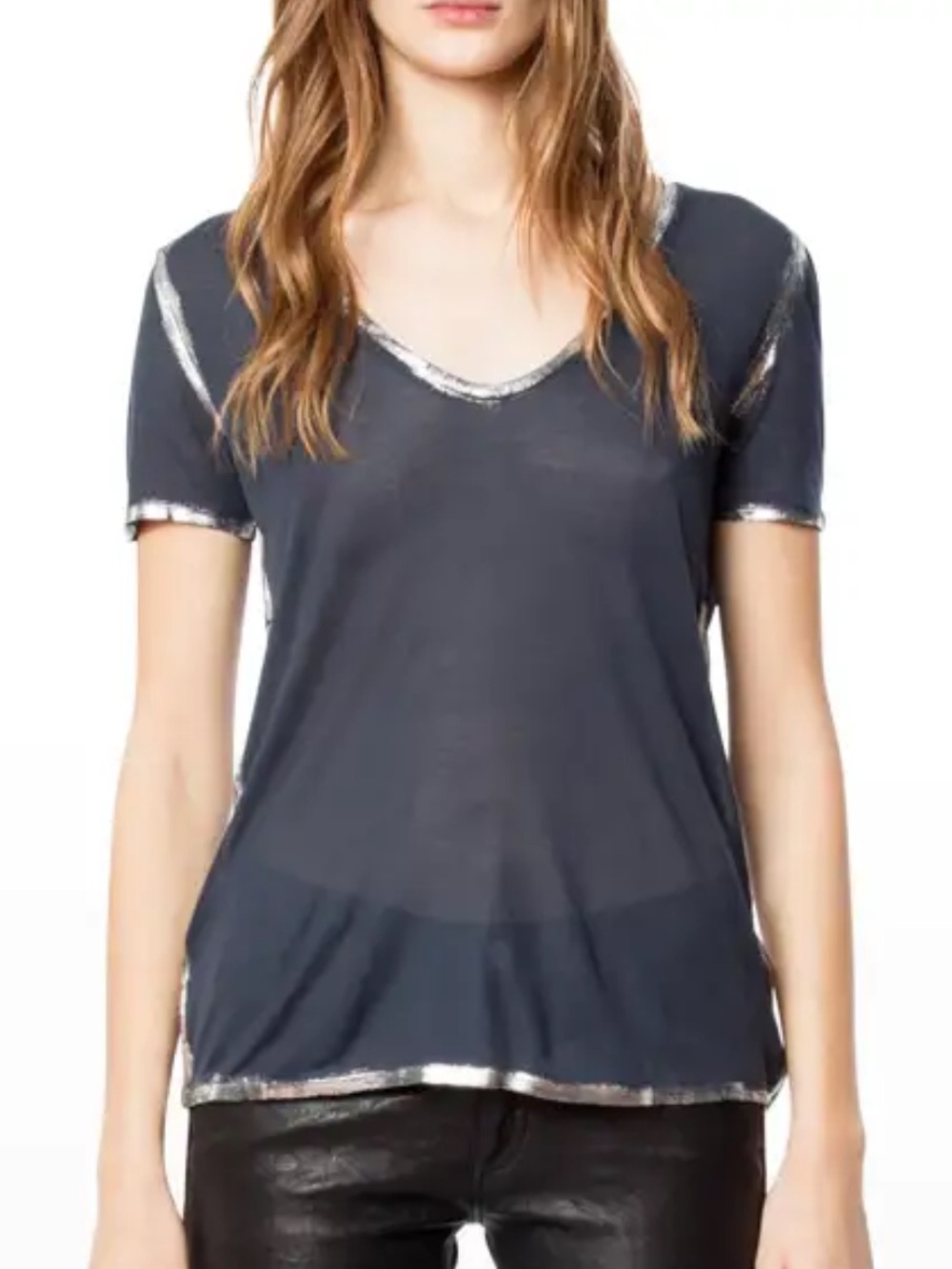 Short Sleeve Black Tee with Silver Metallic Trim
